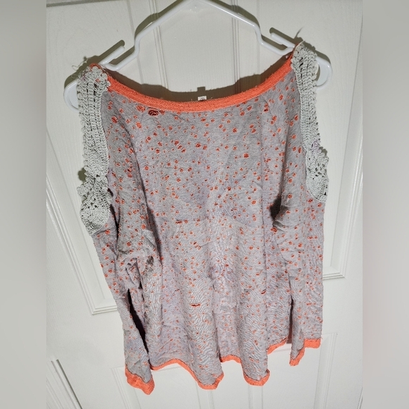Oddy Womens Distressed Shoulder Cut Out Orange Grey Pullover Sweater - Picture 11 of 11
